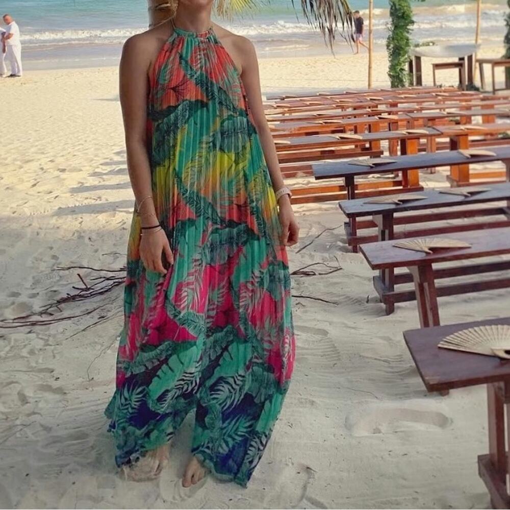 EVER AFTER Tropical Multicolor Halter Pleated Maxi Dress Size Medium - Picture 3 of 9